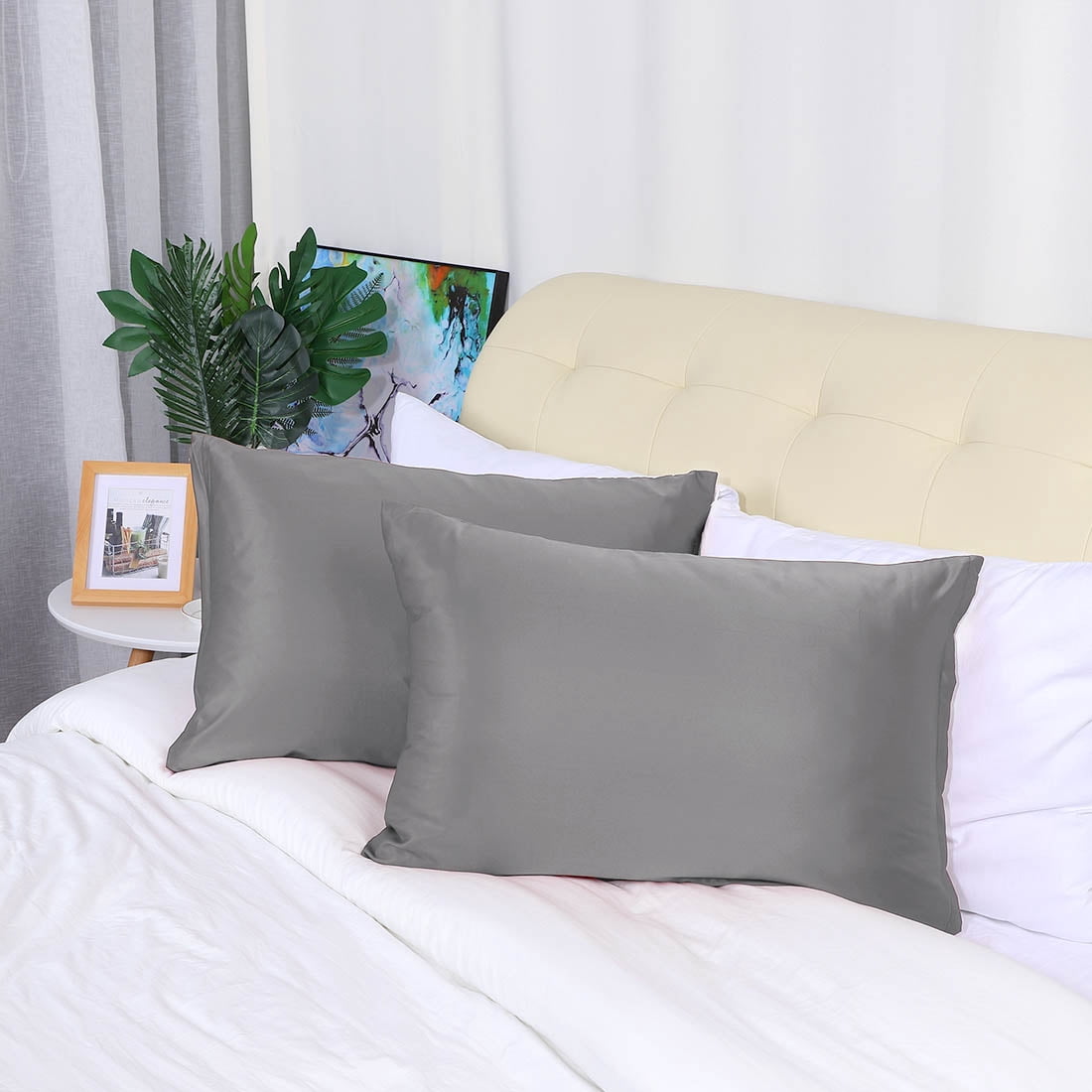 Unique Bargains Set of 4 Silky Satin Pillowcases Pillow Cover Grey Queen