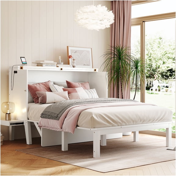 JERFIT Queen Size Murphy Bed with USB Charging Station, White Space Saving Wall Bed Cabinet with Removable Side Shelves, Solid Wood Frame