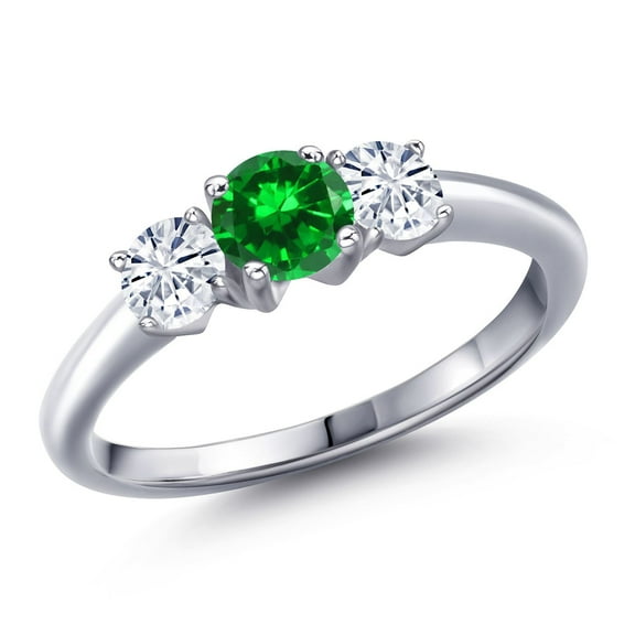 Gem Stone King 925 Sterling Silver Green Created Emerald and White Moissanite Engagement Ring for Women | 1.30 Cttw | Round 5MM | Gemstone May Birthstone | Size 7