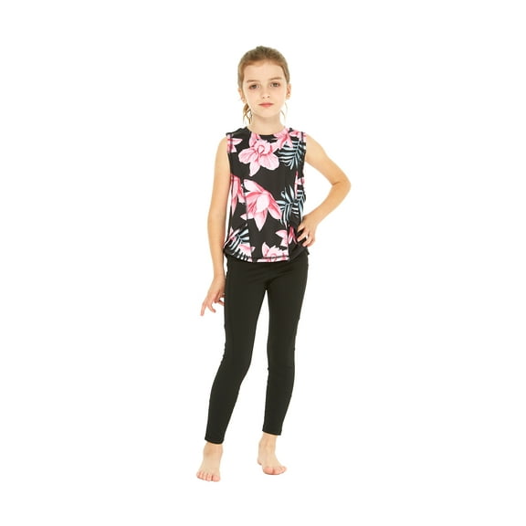 Girl's Athletic Sportswear Patterned Tank Top and Solid Legging Set in Lotus and Orchid Black XX-Small