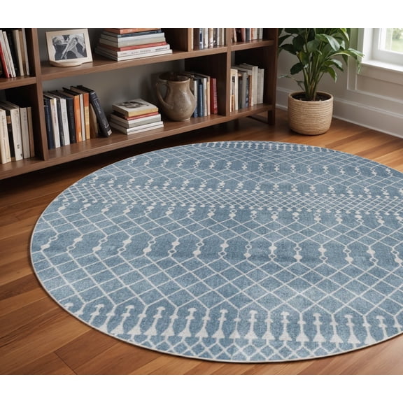 HomeRoots 572514 5 ft. Geometric Power Loom Round Rug, Blue