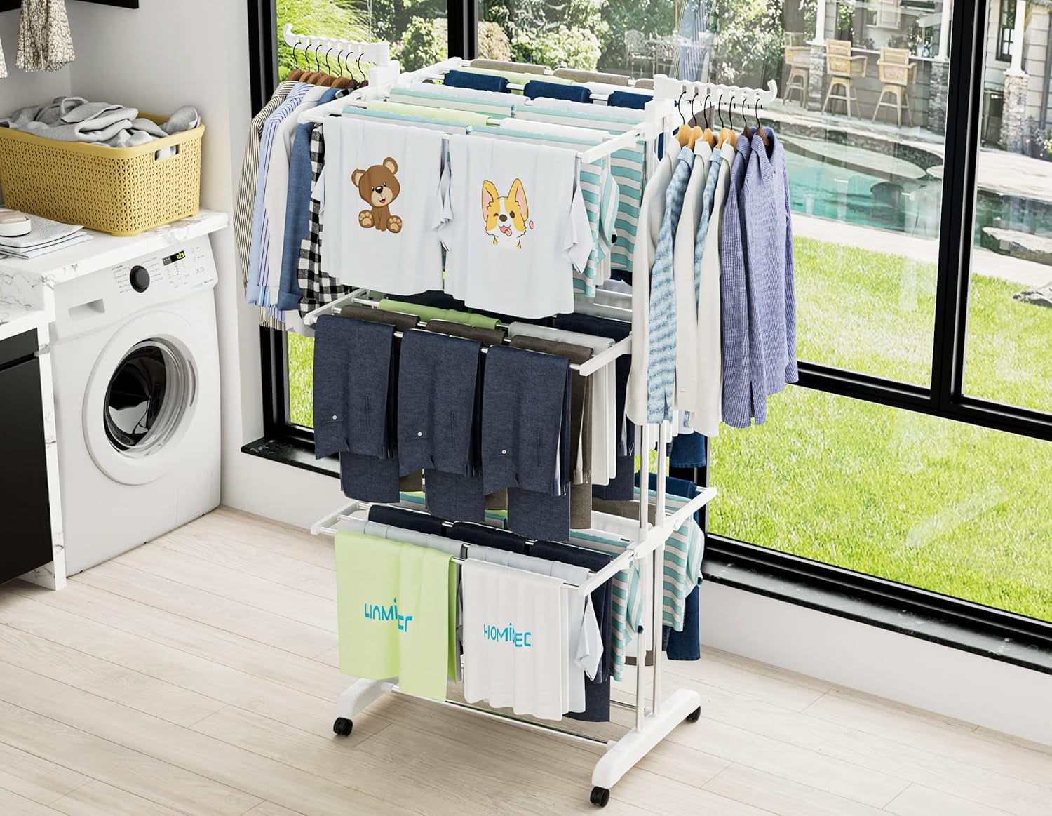 Clothes Drying Rack, 4-Tier Foldable Laundry Drying Rack, Stainless Steel Garment Clothes Dryer Indoor or Outdoor Standing Clothing Rack with Wheels, White
