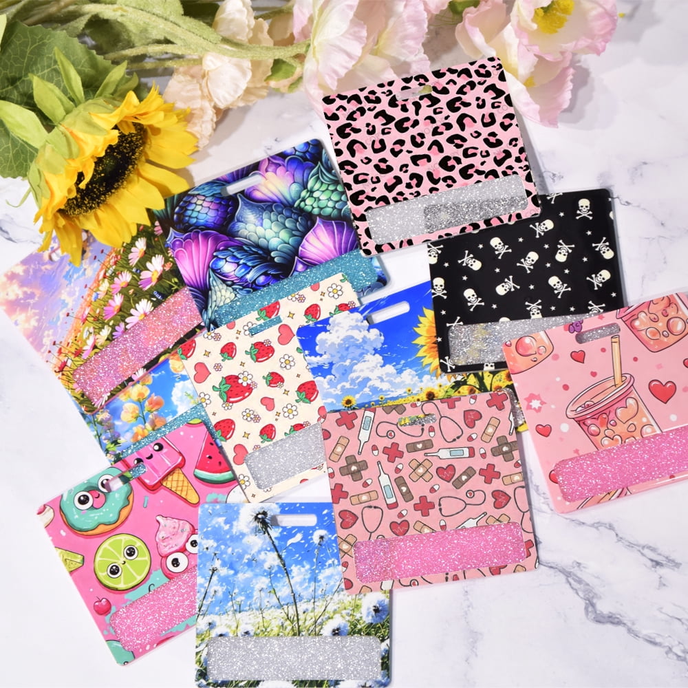 Mix 10pcs Glitter Acrylic Printed Badge Mixing Different Styles of Printed Patterns Name Tag Badge Id Holder Sprinkle Badge Buddy For DIY handicrafts