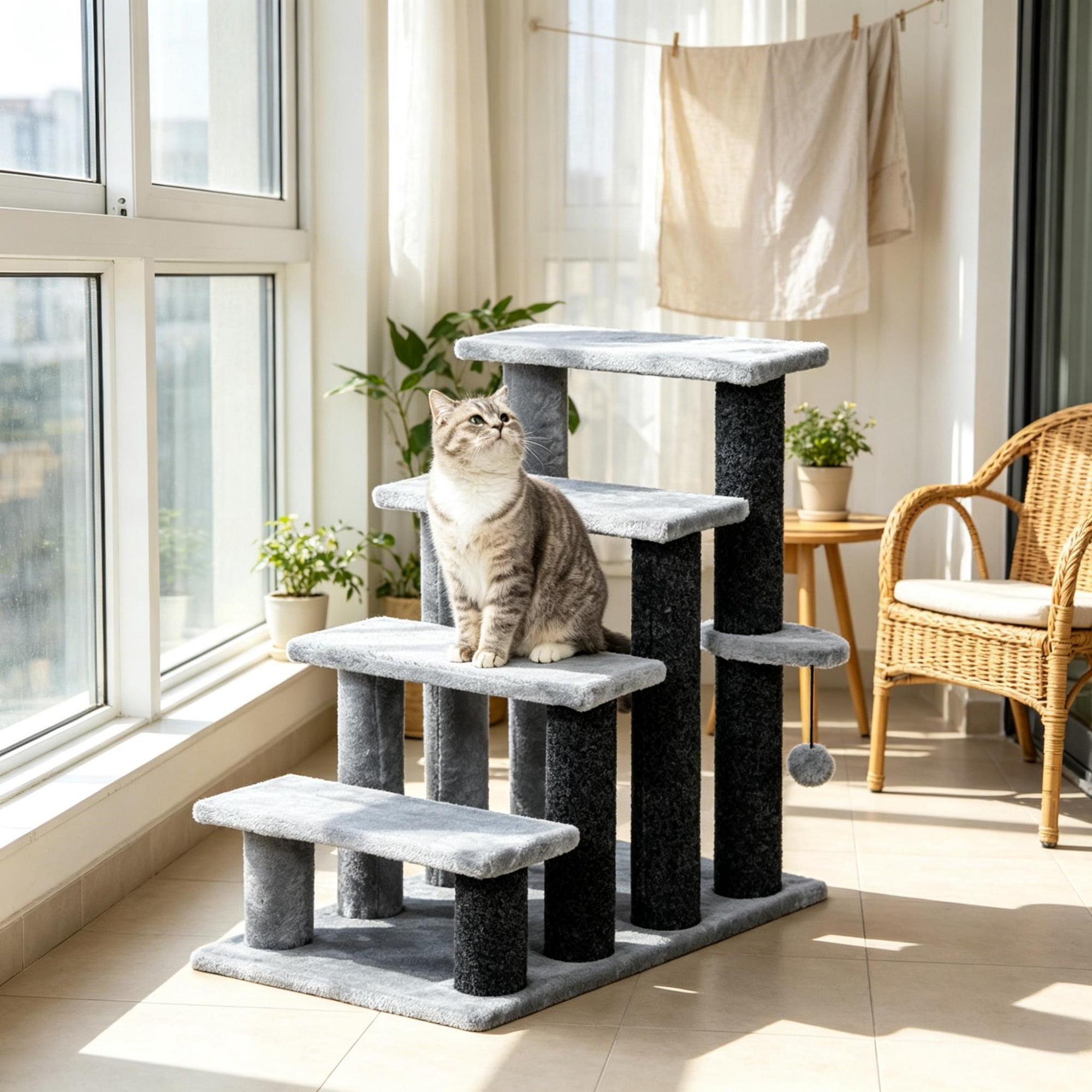 Lightweight Compact Cat Stairs for Older Small Cats Under 10 Lbs, Soft Flannel Covered Pet Steps with Play Platform Hanging Ball Joint Protection Movable Cat Tree