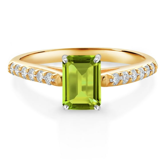Gem Stone King 1.18 Ct Green Peridot G/H Lab Grown Diamond 10K Yellow and White Gold Engagement Ring (Size 8)