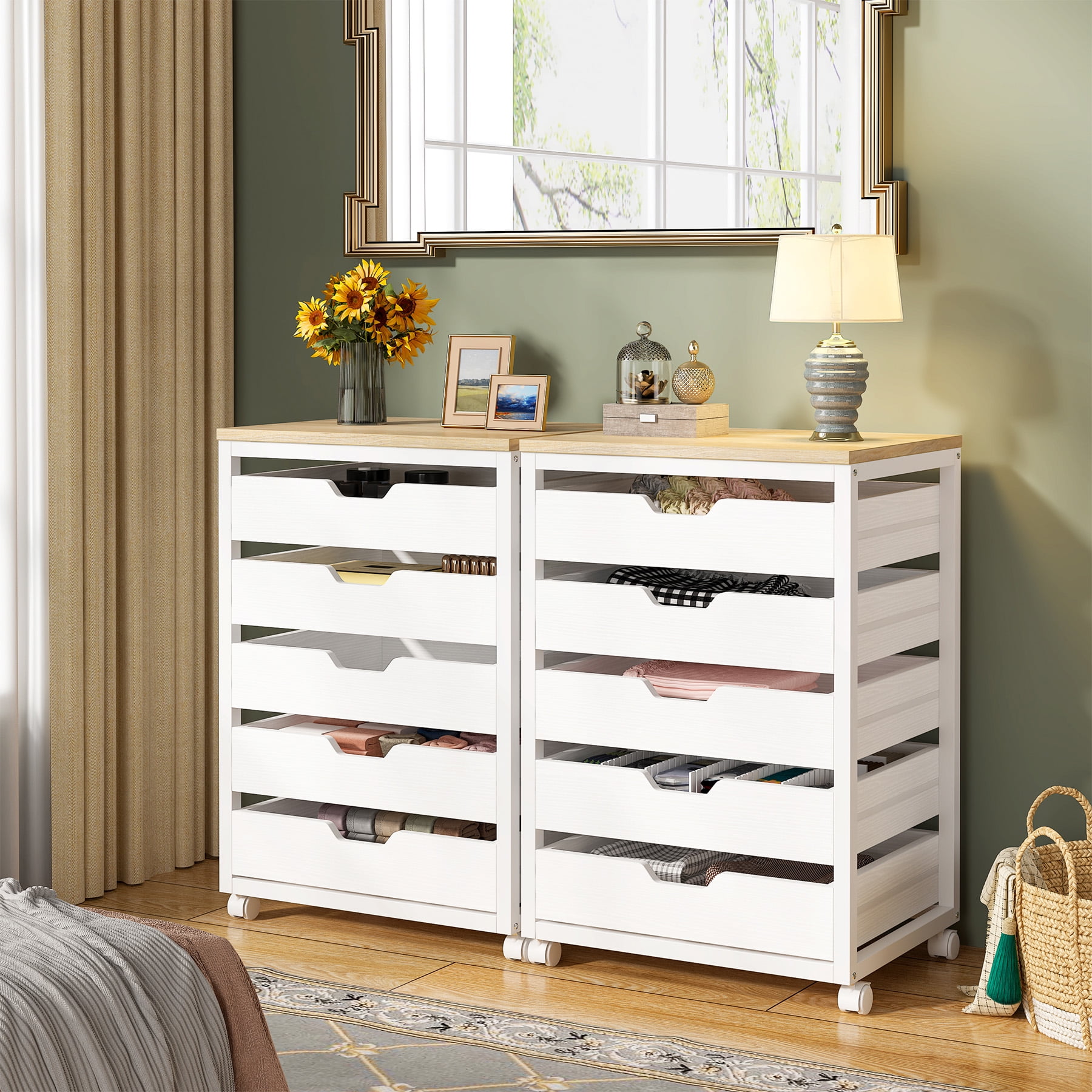 Tribesigns Modern 5-Drawer Dresser for Bedroom, Small Portable Chest of Drawers with Wheels and Metal Frame for Living Room, White