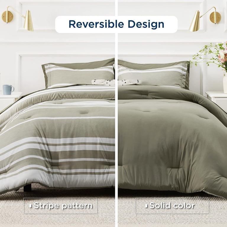 Bedsure California King Bed In A Bag - 7 Piece Sage Green & White Striped Comforter Set, All Season Microfiber Bedding With Sheets & Pillow Shams