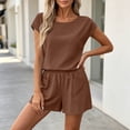 thumbnail image 5 of Zynoxe Womens Two Piece Matching Sets Summer Short Sleeve Top and Shorts Short Sets Cotton Linen Lounge Outfits for HomewearBrown2XL, 5 of 7