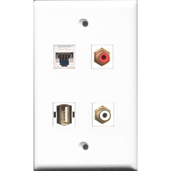 RiteAV 1 Port RCA Red and 1 Port RCA White and 1 Port USB A-A and 1 Port Cat5e Ethernet White Wall Plate