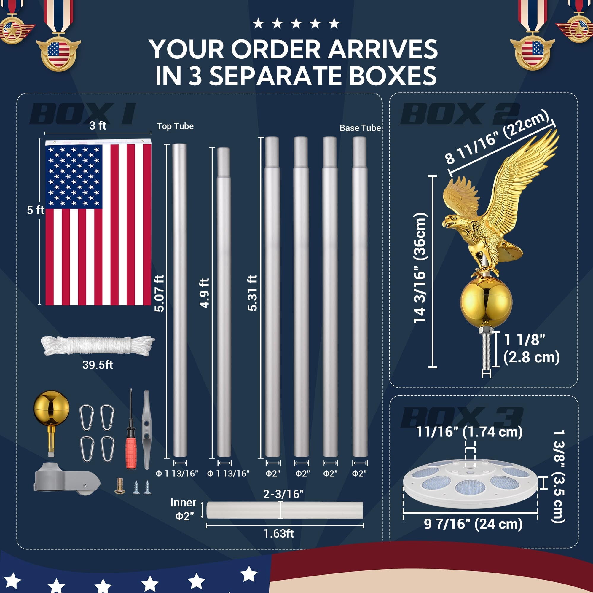 Yescom Bravery 30ft 13 Gauge Sectional Flag Pole Kit with Solar Powered Light US Flag Gold Eagle Topper