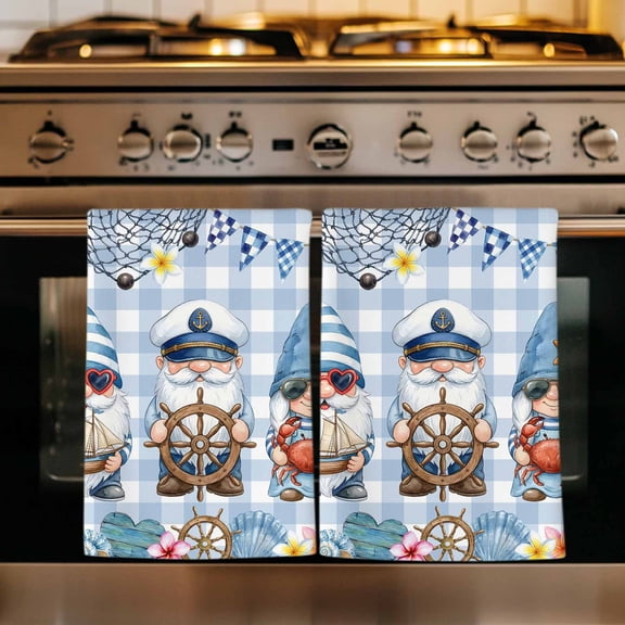 Summer Gnomes Nautical Kitchen Towels Set of 2, Blue Coastal Buffalo Plaid Absorbent Dish Towels for Kitchen, Microfiber Hand Towel, Quick Drying Tea Towel for Cleaning Decorative Dishcloths