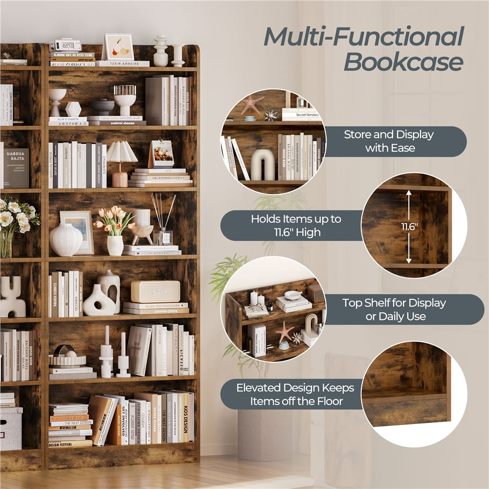 Renwick Wooden 7 Layer Open Shelf Bookcase with Compartment, Rustic Brown