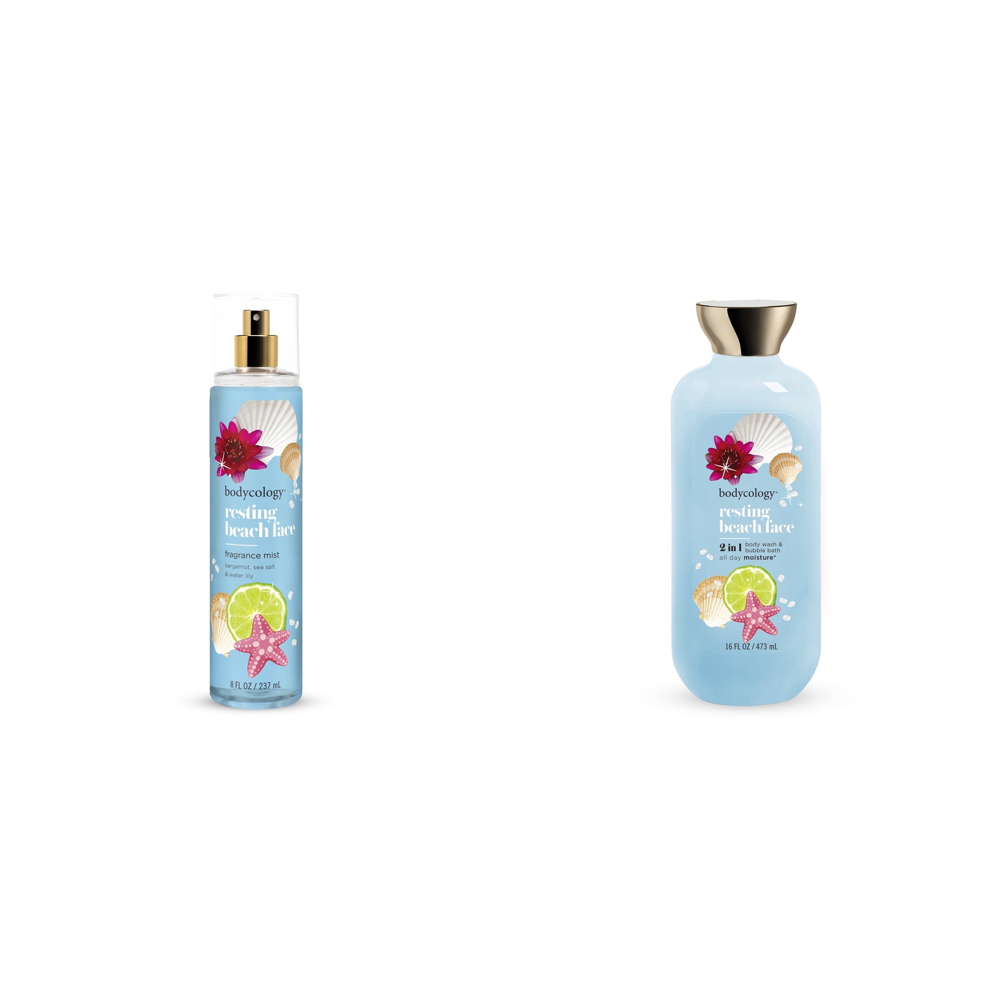 Bodycology Fragrance Body Mist, Resting Beach Face & Bodycology Resting Beach Face 2-in-1 Body Wash & Bubble Bath Bundle