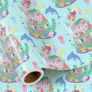 RUSPEPA Birthday Wrapping PresNok Paper Roll for Girls, Mini Roll, Mermaid and Ocean Cake Design with Happy Birthday Text, Under the Sea Gift Wrap for Kids Party Gifts, 17 Inches x 16.4 Feet