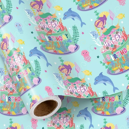 RUSPEPA Birthday Wrapping PresNok Paper Roll for Girls, Mini Roll, Mermaid and Ocean Cake Design with Happy Birthday Text, Under the Sea Gift Wrap for Kids Party Gifts, 17 Inches x 16.4 Feet