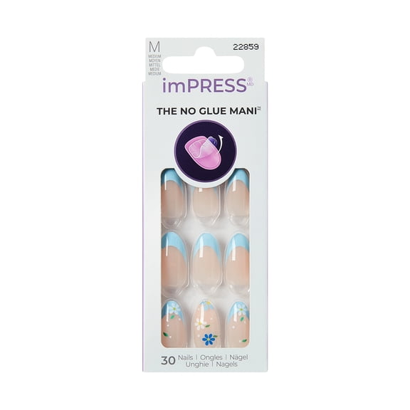 Kiss Impress Press On Nails Almond, ‘Golden Nest’, Blue, Medium, 30 Count