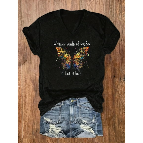 Letter & Butterfly Print T-Shirt, V Neck Short Sleeve T-Shirt, Casual Every Day Tops, Women's Clothing
