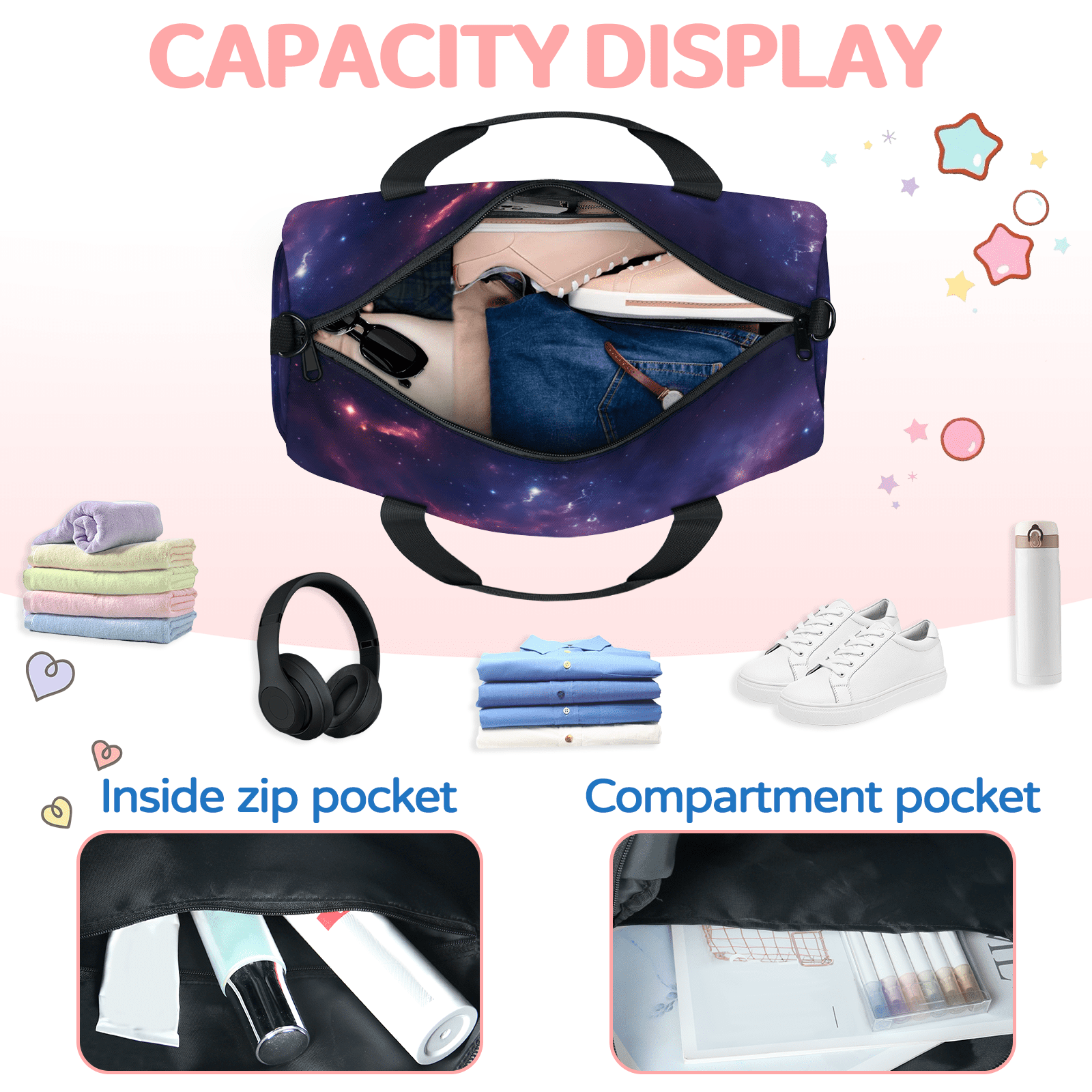 Herdesigns Galaxy Nebula Gym Bag for Women, Duffle Bag for Travel Sport, Starry Sky Space Universe Lightweight Waterproof Carry on Weekender Dance Yoga Workout Bags
