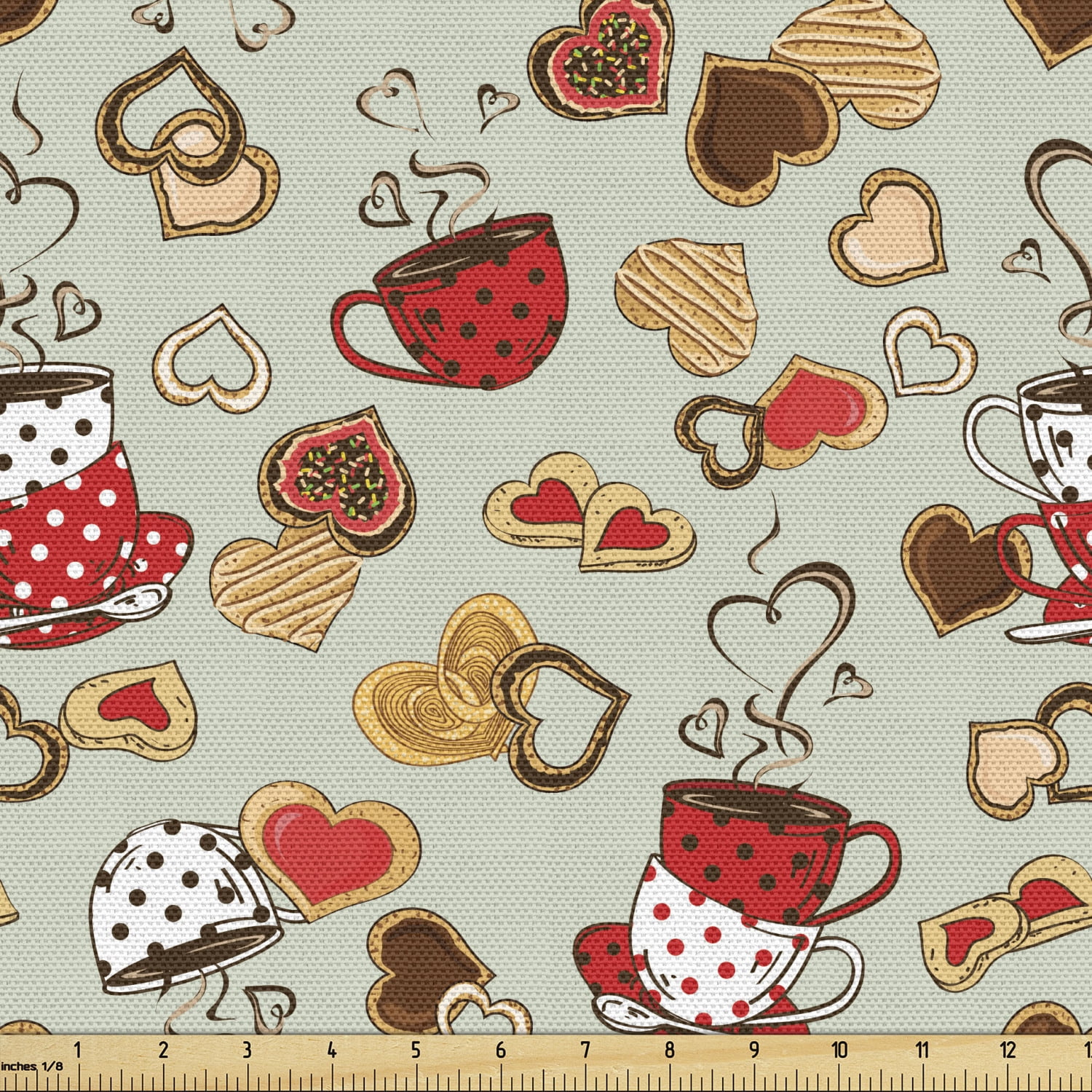 Tea Party Fabric by the Yard, Tea Cookie Themed Polka Dotted Teacups
