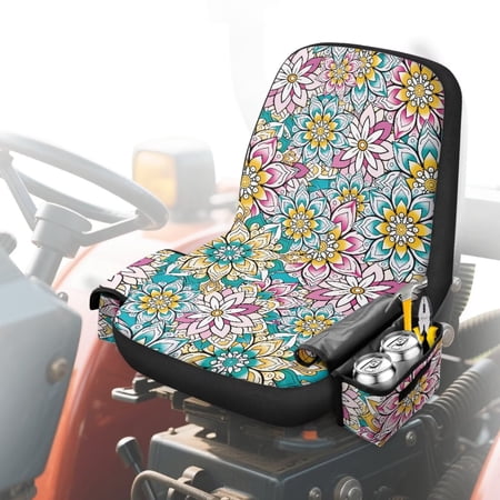 Uorisanigo Lawn Mower Seat Cover for John Deere/ Kubota/ Craftsman/ Cub Cadet Mower Strech Flowers Print Tractor Seat Covers with Drink Pouch for Lawnmowers without Armrests with Back Pocket