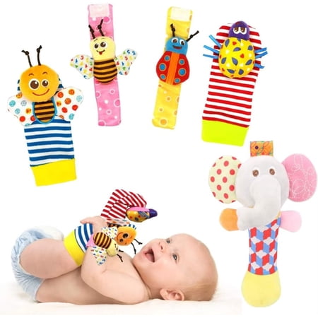 Bloobloomax Soft Baby Rattles, Wrist and Foot Finder Rattle Socks, Developmental Toy for Babies (5 pcs-BRE)