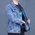 thumbnail image 3 of Chaquetas de mezclilla para hombre, abrigo de jeans con botones negros para hombre, estética desgastada, talla L, una pieza de tela, ropa de abrigo informal al precio más bajo, Big G, 3 of 5