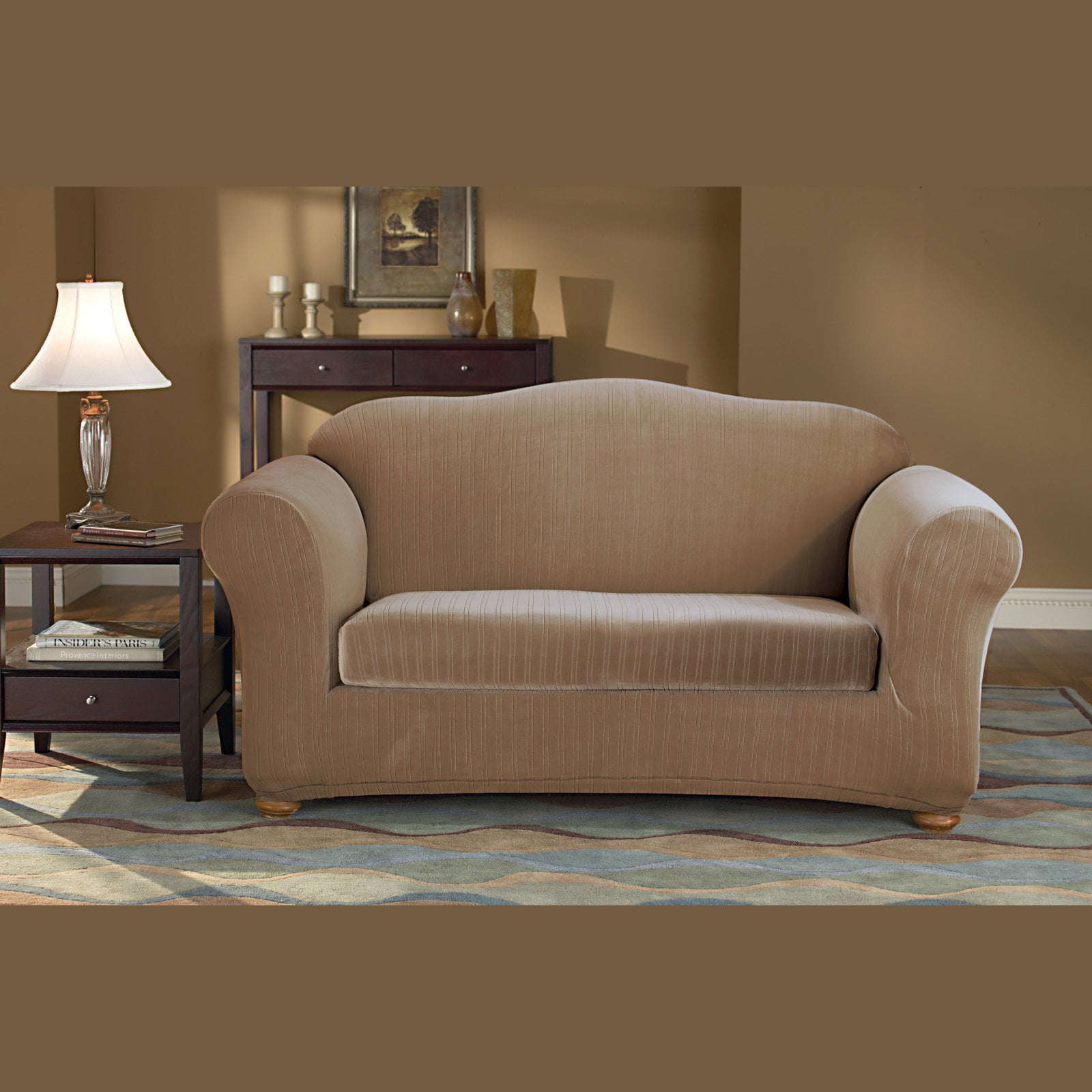 Sofa Slipcover Sure Fit Stretch Stripe One Piece Brown Box Cushion Seat Style 