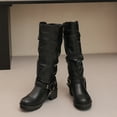 thumbnail image 4 of Wide Calf Motorcycle Boots for Women Pull on Vintage Slouchy Leather Fashion Buckle Strap Lug Sole Chunky Heel Mid Calf Riding Booties Black Size 6.5, 4 of 7