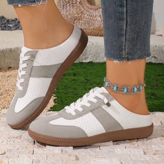 LTTVQM Mule Sneakers for Women Casual Slip-On Lace Up Low Top Tennis Shoes Comfortable Orthopedic Breathable Lightweight Backless Patchwork Fashion Sneakers Light Gray 37(US-6.5)