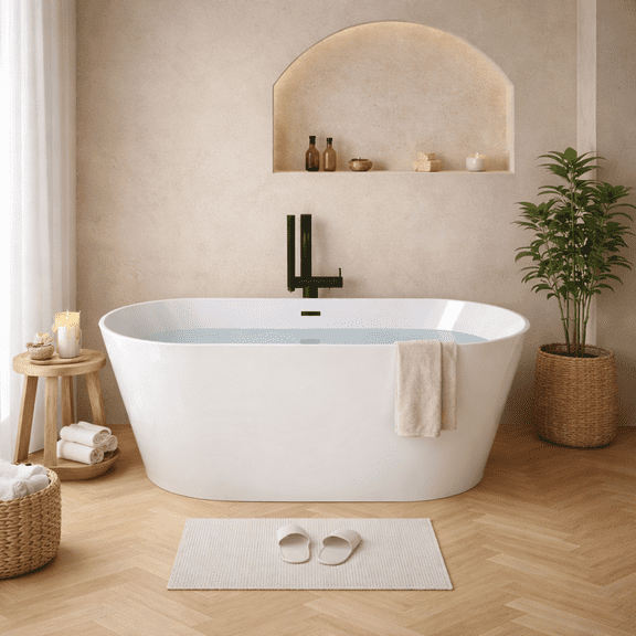 59" Acrylic Freestanding Bathtub, Stand Alone Soaking Tub, Glossy White Acrylic, Toe-tap Chrome Drain, cUPC Certified