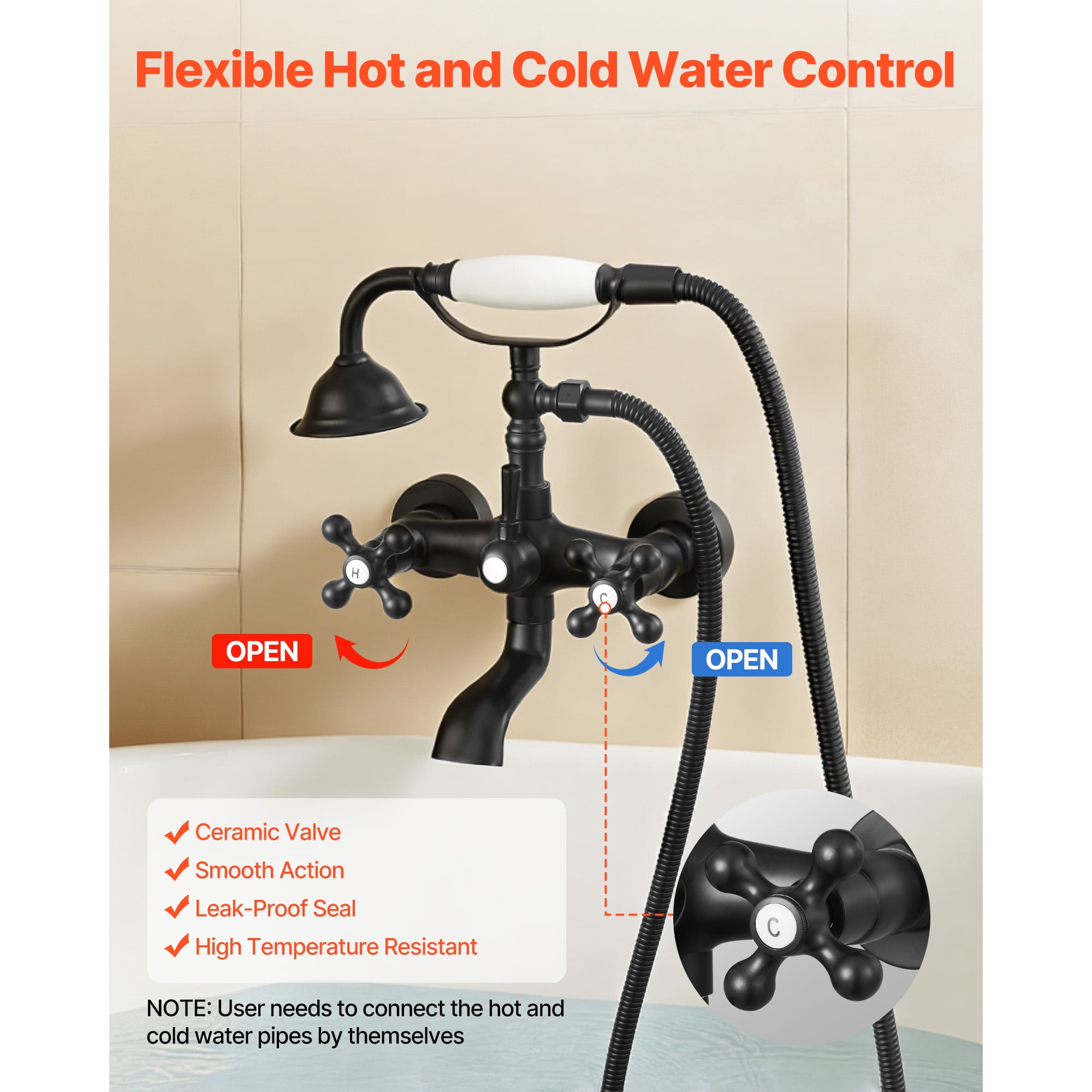 KFFKFF Wall-Mounted Clawfoot Tub Faucet with Handheld Shower, Matte Black Bathtub Filler Kit Featuring Adjustable Swing Arms and 360° Rotating Spout for Classic Bathtubs