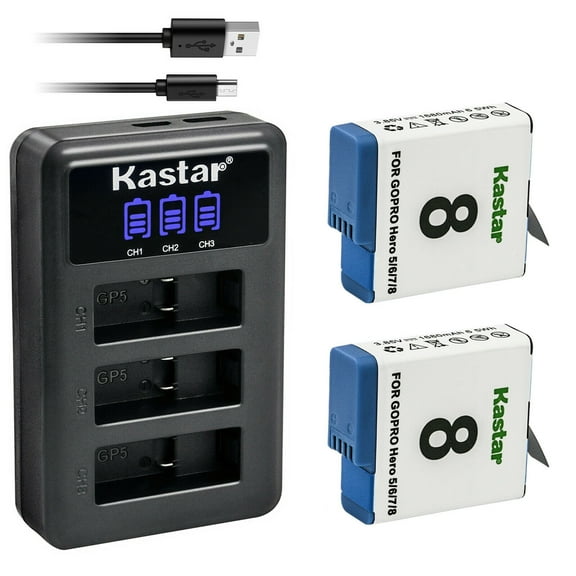 Kastar 2 Pack Battery and LCD Triple USB Charger Compatible with Gopro Hero 8 Action Camera, Hero 7 HD Black, HERO7 Silver, Hero 7 HD Silver, Hero 6 Action Camera, HERO6 Black, Hero 6 HD Black