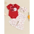 thumbnail image 2 of Bagilaanoe 3pcs Newborn Baby Girl Summer Pants Set Short Sleeve Romper Tops + Print Flare Trousers + Headband 3M 6M 12M 18M Infant Casual Clothes, 2 of 7