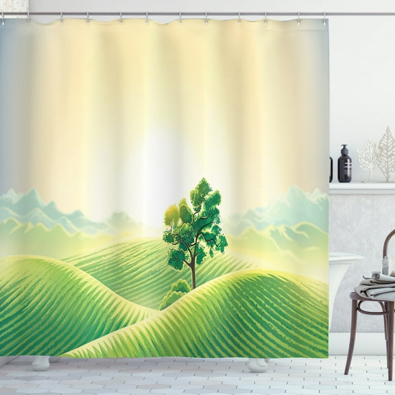 Ambesonne Landscape Shower Curtain, Sunrise on Rural Valley, 69"Wx75"L, Cream Fern Green
