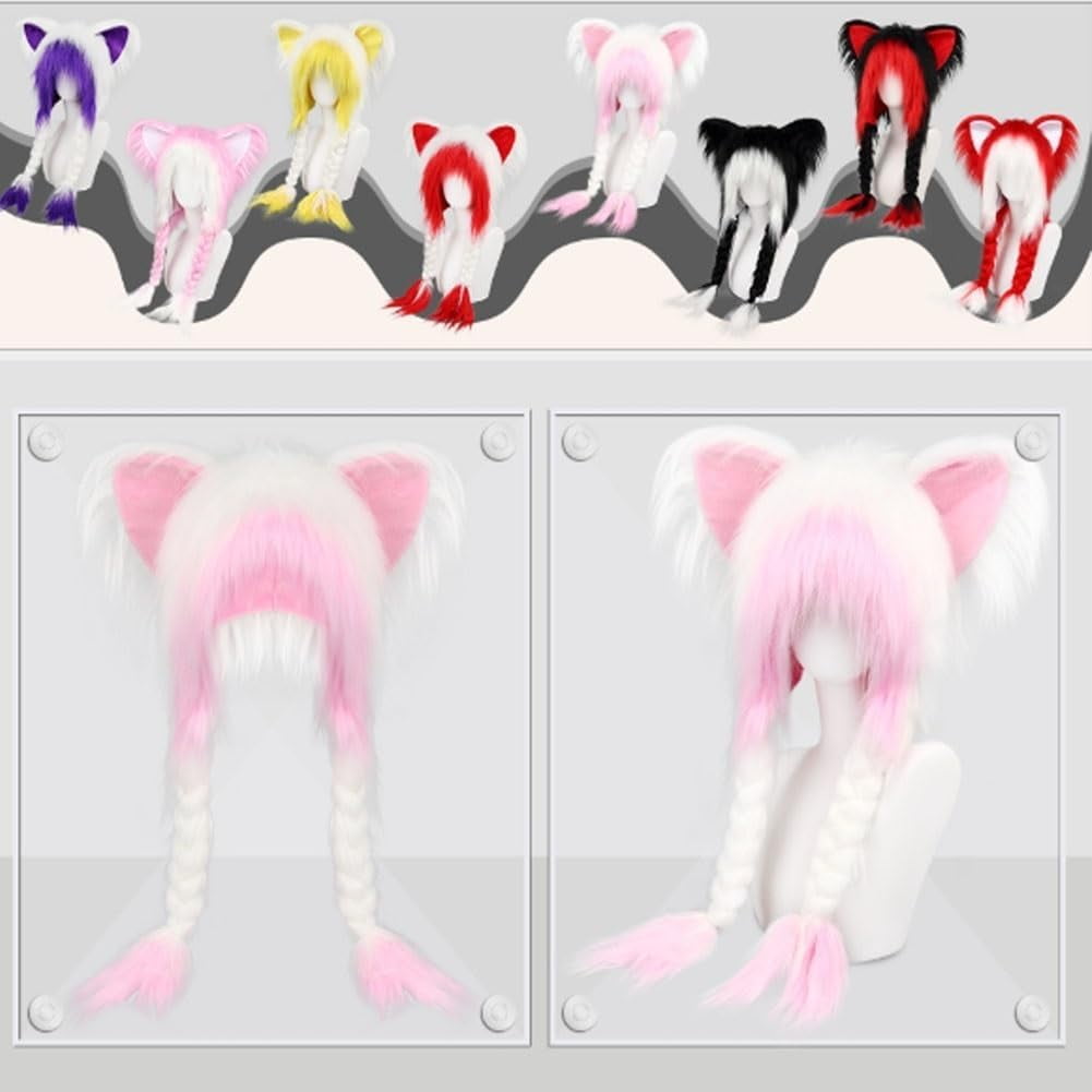 Soft Furry Animal Ear Hat with Braids,Furry Head Mask,Cute Animal Horns Ears Winter Hat,Hooded Red Black Fur Winter Warm Earmuffs Cat Shiesty,Cosplay Accessories,Great for Cosplay and (1,pcs,L)