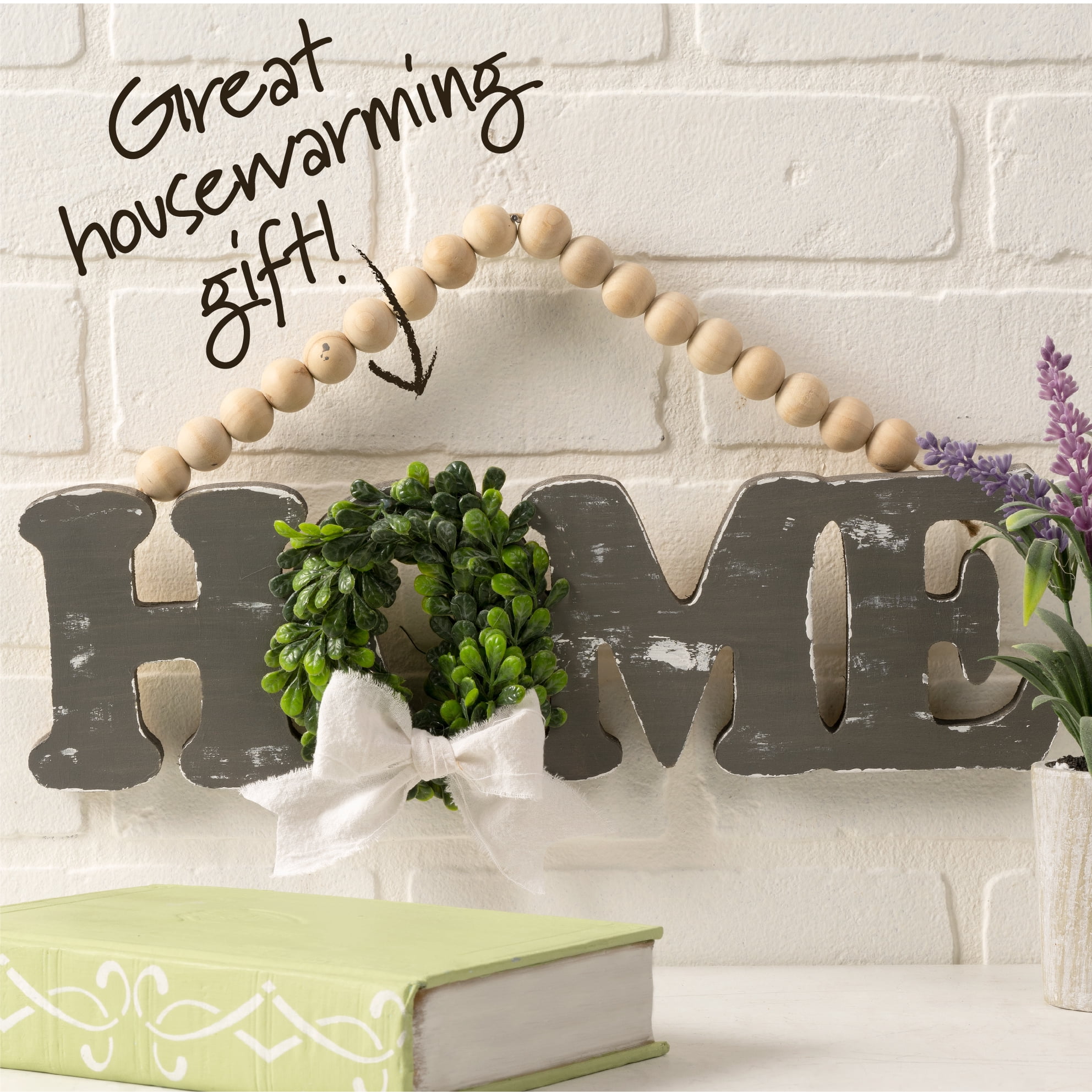 Plaid Unpainted Wood Surface Sign with Beaded Handle, Home, 14" x 4.5"