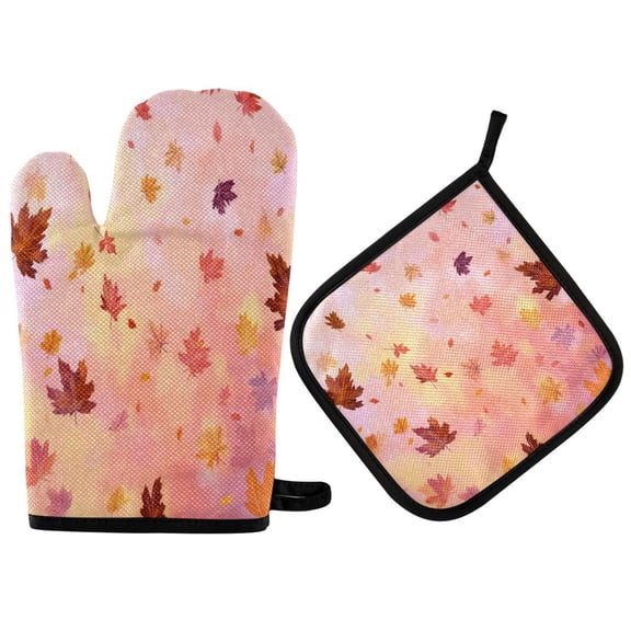 2 PCS Oven Baking Gloves Set Heat Resistant Oven Mitt & Pot Holder Set Cooking Mitts Kitchen Home Supplies Autumn Leaves Falling