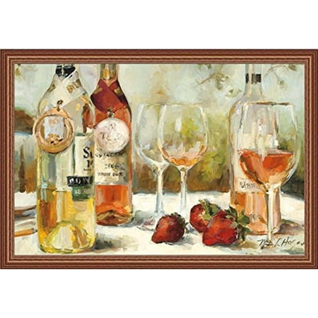 buyartforless IF WAP 5706 36x24 1.75 Woak Framed Summer Award Winners Wine & Strawberries by Marilyn Hageman 36X24 Tuscan Art Print Poster in Wide Oak Hardwood
