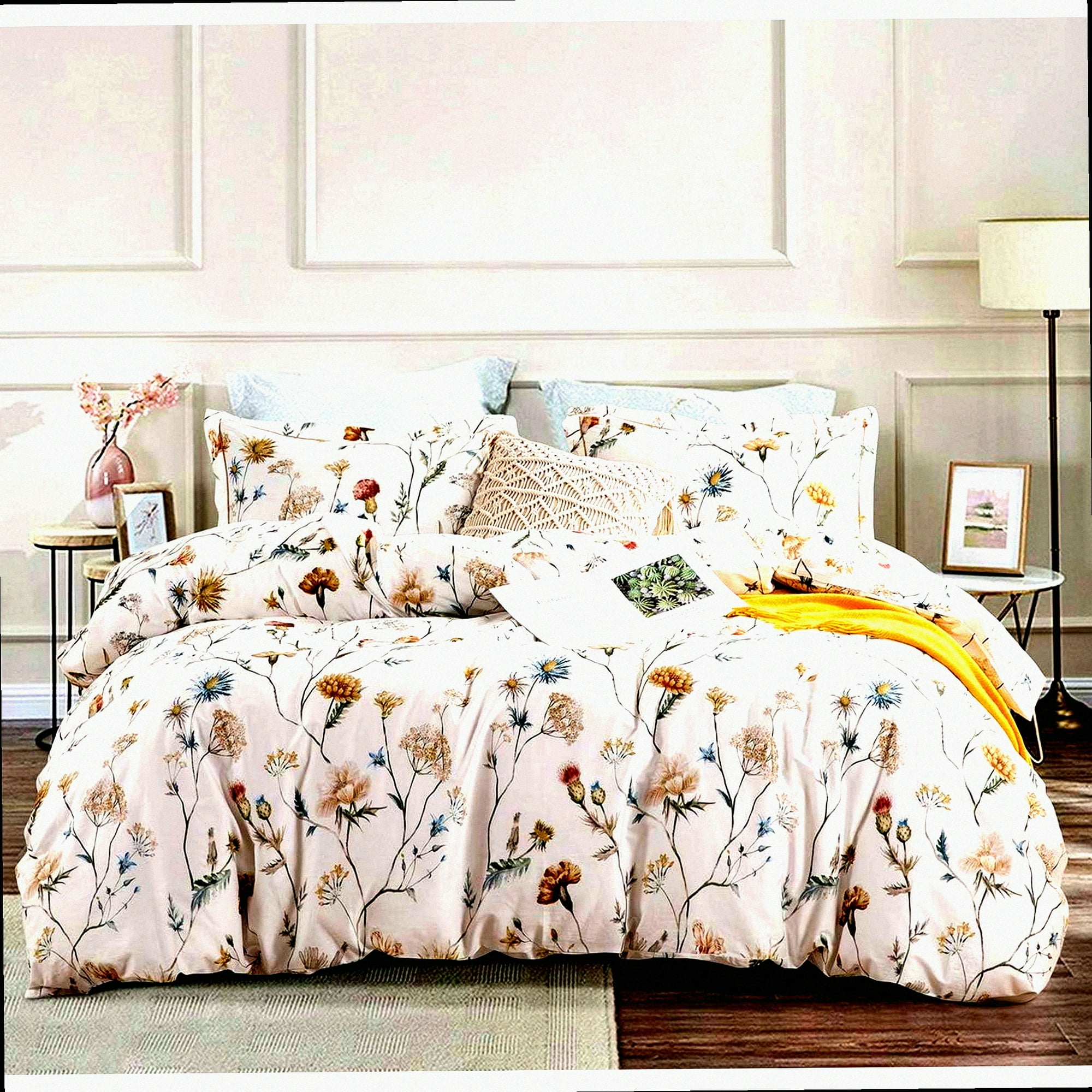 Blue Blush Floral Cotton Comforter Set Queen Size 600 Thread Count Down Alternative Bedding White Printed Flowers 3 Piece Set