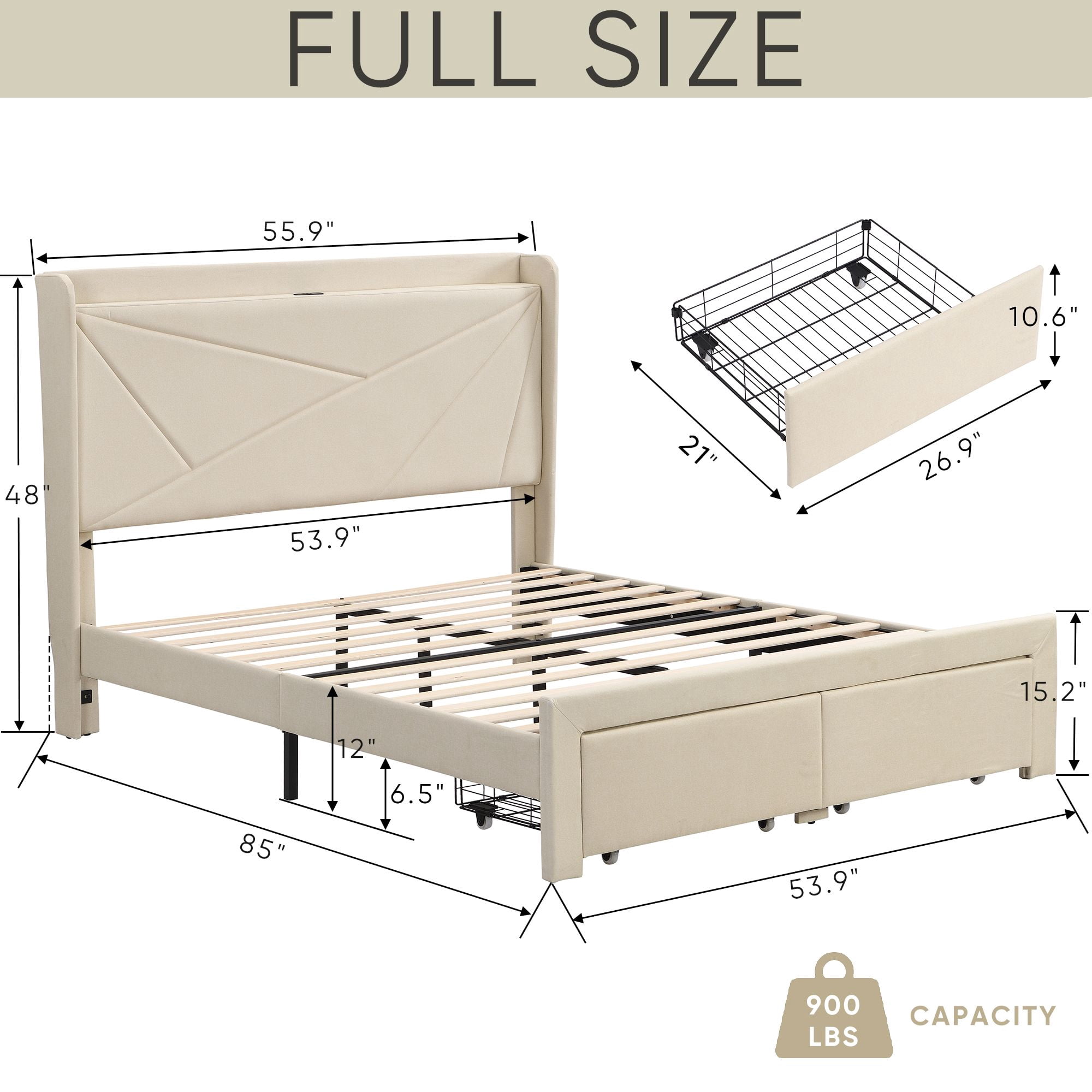 Aukfa Full Bed Frame with 2 Storage Drawers and USB Ports , Upholstered Platform Bed with Storage Shelf Headboard, Beige