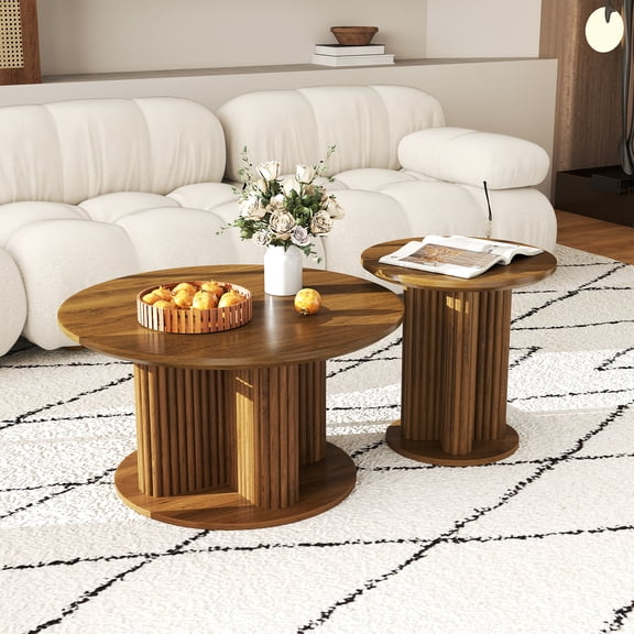 Coffee Table Set of 2 Mid Century Modern Side Table Fluted Round Multifunctional Center Tables for Living Room, Walnut