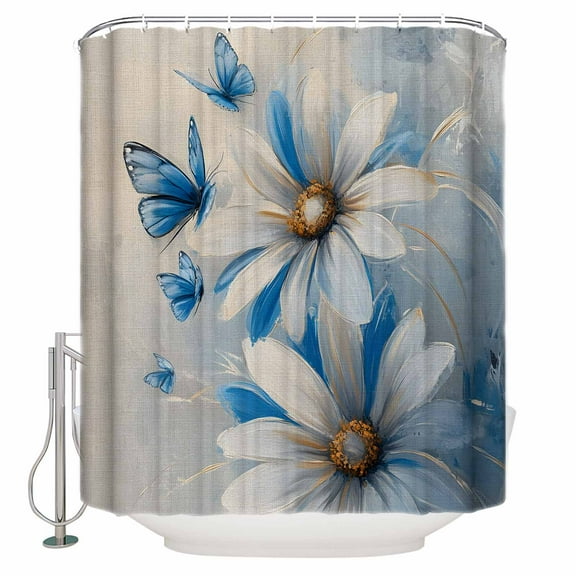 Extra Long Shower Curtain 72x96 Inch, White Blue Flowers Shower Curtain Waterproof Bathroom Decor Pastoral Vintage Butterfly Floral Fabric Bath Curtain Set Accessories with Hooks