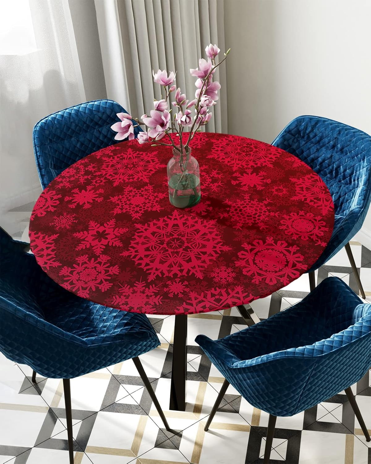 Christmas Snowflake Round Tablecloth Fitted Table Cover, Xmas Gradient Red Watercolor Art Elastic Tablecloths Waterproof Outdoor Indoor Stretch Cloth Tablecover for Dinner, Party, Shower, 36-44IN