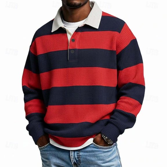 Atogsazn Men's Striped Button Down Sweatshirt Casual Waffle Collared Long Sleeve Pullover Sweater Fall Winter Tops Red S Fashion