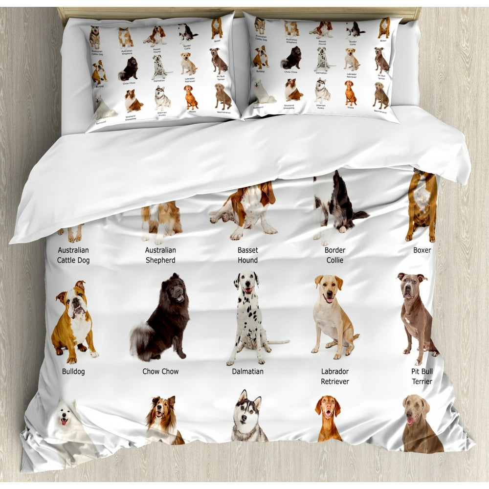 Dog Duvet Cover Set King Size, A Group of Different Puppy Breeds Family