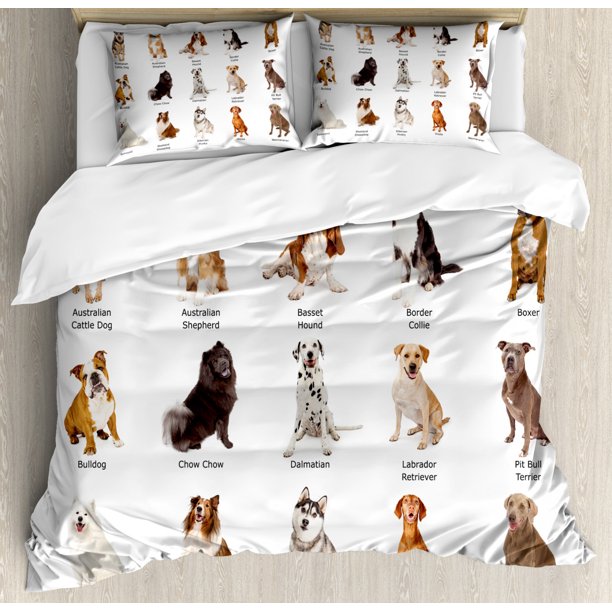 Dog Duvet Cover Set, A Group of Different Puppy Breeds Family Type