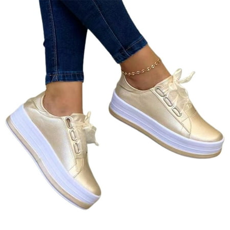 

Women\ s PU Shoes Lace Up Round Toe Platform Walking Shoes Anti Slip Fashionable