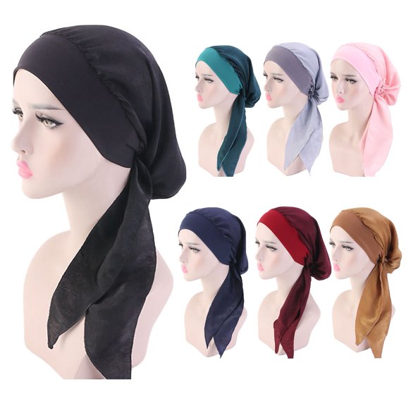 Skymirror Women Bonnet Vintage Imitation Silk Solid Color Long Hair Lady Turbans for Sleeping