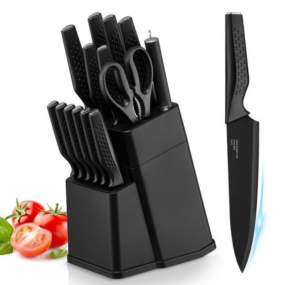 Vesteel Knife Block Set for Kitchen, 15-Piece High Carbon Stainless Steel Knives Set with Ergonomic Handle, Ultra-sharp & Rust Resistant, Black