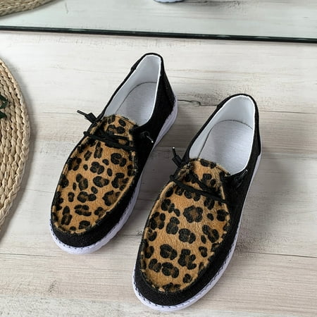 

Women‘s Casual Shoes Leopard Panel Lace-up Detail Slip-on Flat Shoes